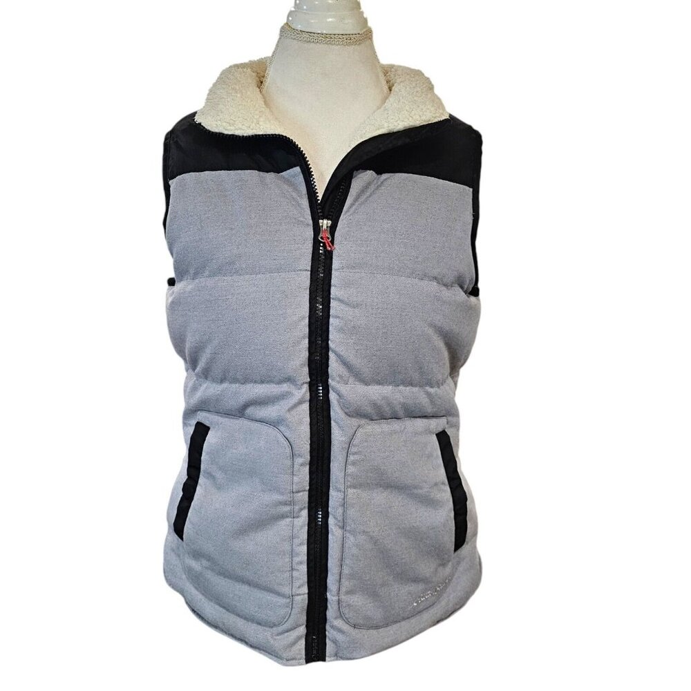 Eddie‎ Bauer Womens M Down Filled Puffer Vest Sherpa Lined EB650 Gray Pockets
